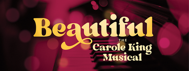 Beautiful: The Carole King Musical. The title appears in front of a red-tinted photo of an out-of-focus piano keyboard.